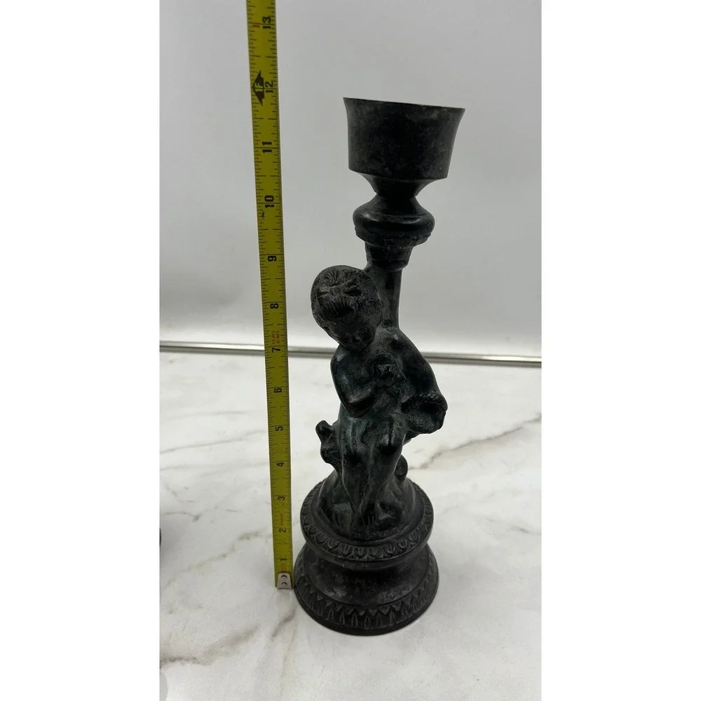 Vintage Bronze Cherub Candlestick Holders Pair Verdigris Patina Made India 9.5